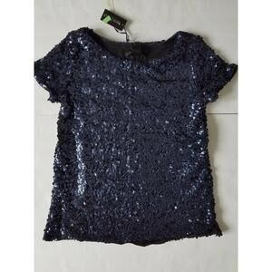 White House Black Market Blue Sequin Top Short Sleeve Knit Boxy Shirt XXS